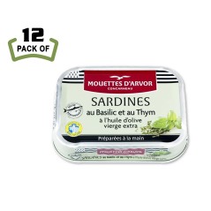 Les Mouettes d'Arvor Sardines with Basil and Thyme - A French delicacy infused with Mediterranean herbs.