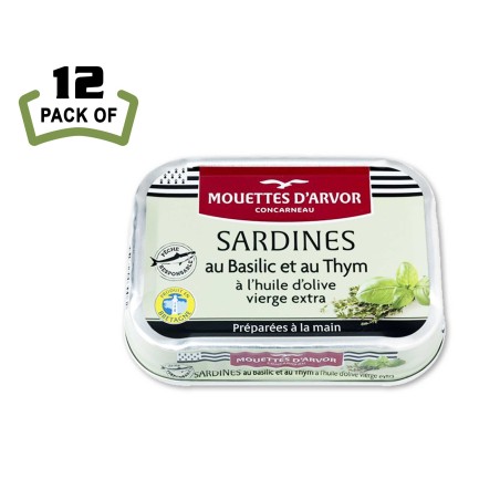 Les Mouettes d'Arvor Sardines with Basil and Thyme - A French delicacy infused with Mediterranean herbs.