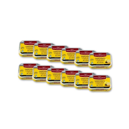 Sardines in Lemon and Extra Virgin Olive Oil by Les Mouettes d'Arvor - 4.05oz Tin - French Gourmet - (Pack of 12)