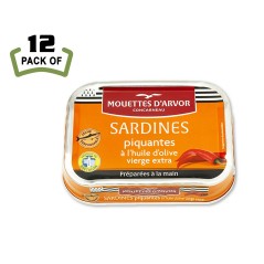 Sardines in Chili Peppers and Extra Virgin Olive Oil by Les Mouettes d'Arvor - 4.05oz Tin - French Gourmet - (Pack of 12)