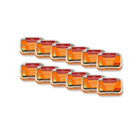Sardines in Chili Peppers and Extra Virgin Olive Oil by Les Mouettes d'Arvor - 4.05oz Tin - French Gourmet - (Pack of 12)
