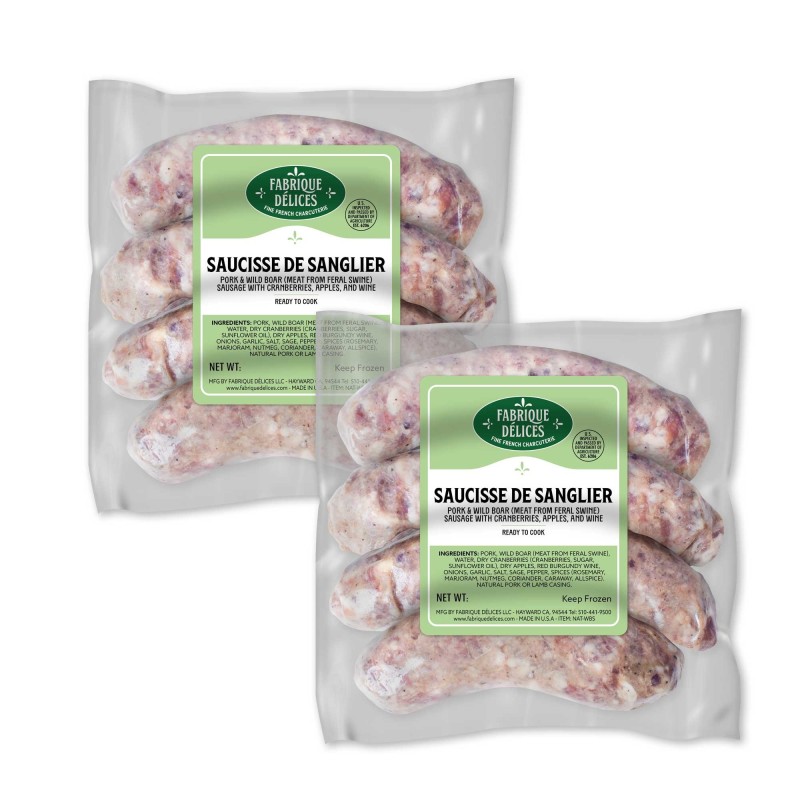 Wild Boar Sausages with Apples & Cranberries - by Fabrique Delices - 4 Links - 1Lb - (Pack of 2)